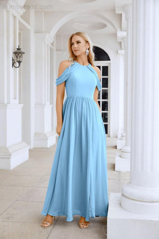 Ladies Chiffon Off Shoulder Swing Sleeve Front Slit Bridesmaid Evening Dress Wedding Party Evening Dress 28117