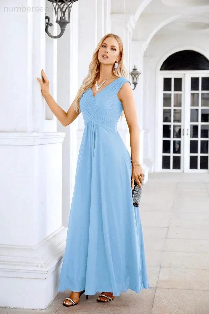 Ladies Chiffon V Neck Sleeveless Floor Length Bridesmaid Evening Dress Wedding Party Evening Dress 28126 by numbersea