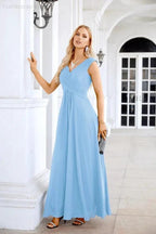 Ladies Chiffon V Neck Sleeveless Floor Length Bridesmaid Evening Dress Wedding Party Evening Dress 28126 by numbersea