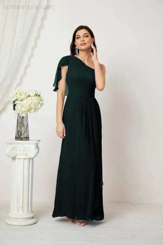 Numbersea Chiffon Ruffled One Shoulder Long Bridesmaid Dresses A-line Formal Evening Gown Side Split 2809 by numbersea