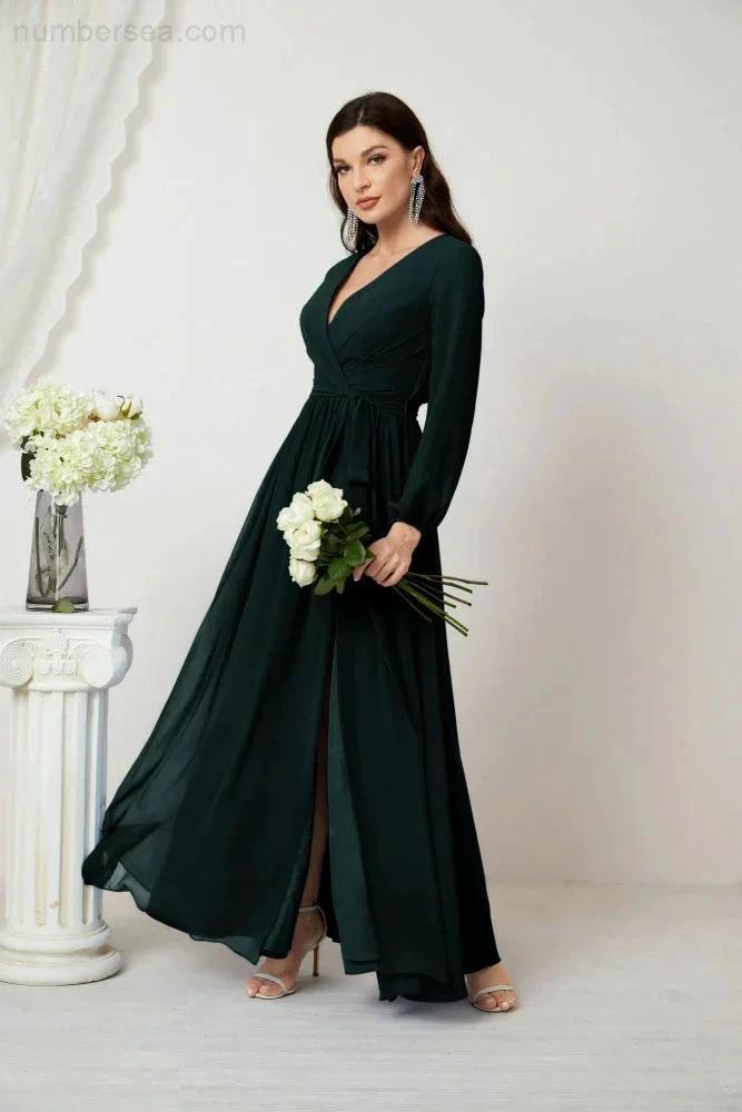 Sunnderly Evening Dresses Deep V-Neck Chiffon Bridesmaid Dresses Long Bishop Sleeve Side Split Formal Dress SY2806 by numbersea