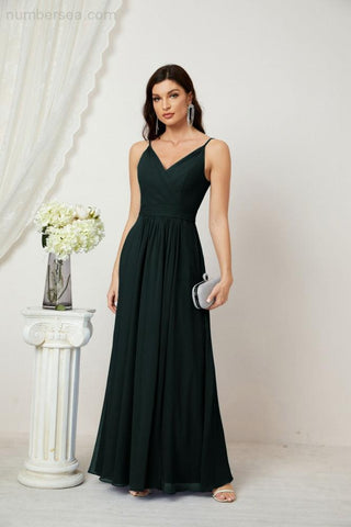 Numbersea Chiffon V-Neck Bridesmaid Dress Spaghetti Strap Long Formal Party Prom Gowns with Slit 28010
