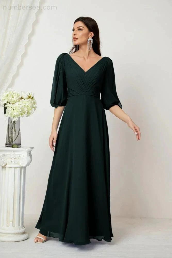 Numbersea Formal Prom Gown Women V-Neck Chiffon Bridesmaid Dresses Long Bishop Sleeve Party Dress 2807 by numbersea