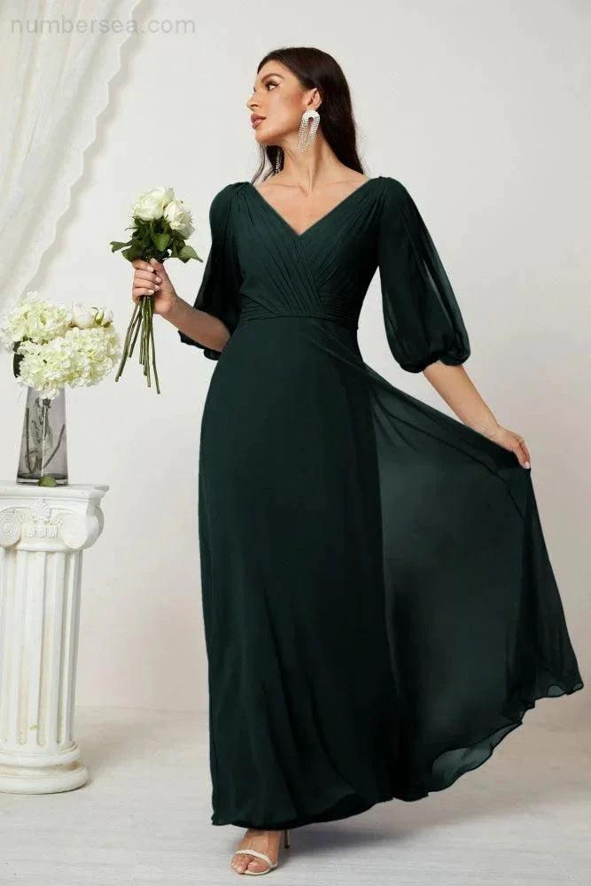 Numbersea Formal Prom Gown Women V-Neck Chiffon Bridesmaid Dresses Long Bishop Sleeve Party Dress 2807 by numbersea