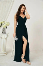 Numbersea Neck Bridesmaid Dresses Chiffon Long Spaghetti A-line Formal Prom Gown for Wedding Party Evening 2801 by numbersea