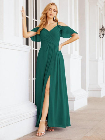 Numbersea Cold Shoulder Long Bridesmaid Dresses Side Slit Formal Prom Gowns Party Wedding 28070