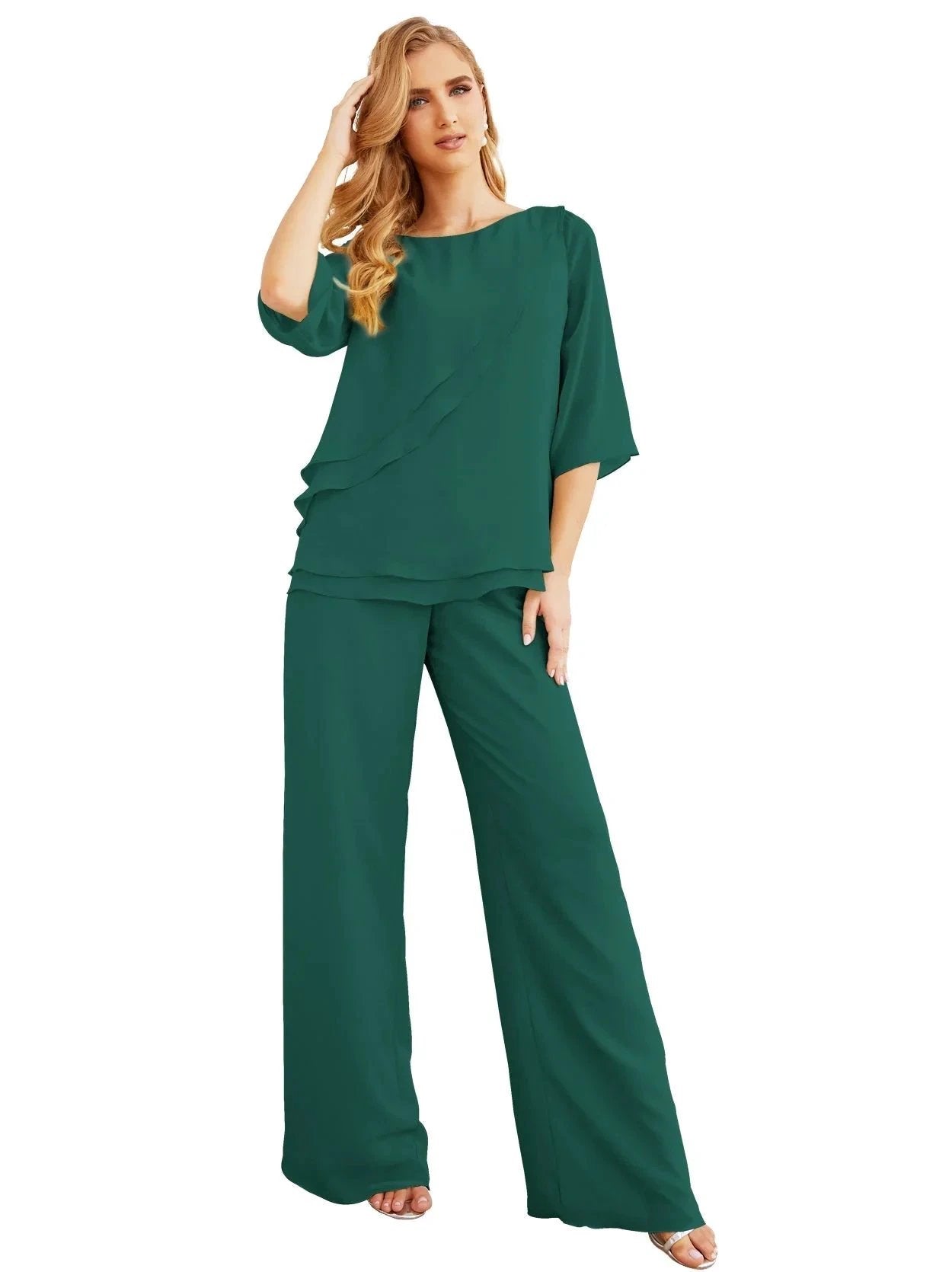 Sunnderly Elegant 2 Piece Mother of The Bride Dress Plus Size Pant Suits Ruffle Layers Sliver Housecoat SY28064 by numbersea