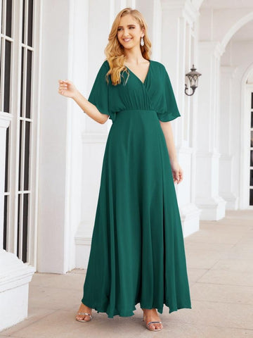 Numbersea V-Neck Bridesmaid Dress Chiffon Long Open Back Formal Dresses for Women Party Evening 28067