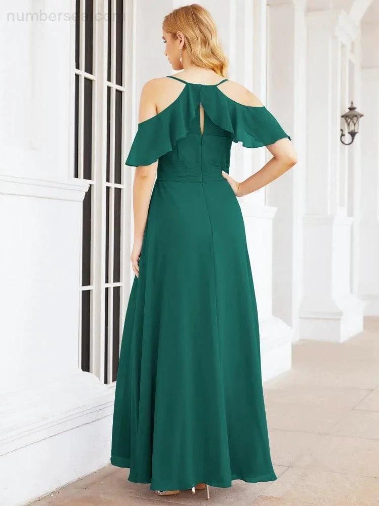 Numbersea Cold Shoulder Long Bridesmaid Dresses Side Slit Formal Prom Gowns Party Wedding 28070 by numbersea