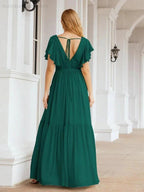 Numbersea Women's Open Back Formal Evening Party Prom Gowns V-Neck Long Chiffon Bridesmaid Dresses with Waist Belt 28038 by numbersea
