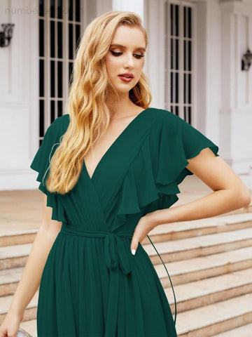 Numbersea Women's Open Back Formal Evening Party Prom Gowns V-Neck Long Chiffon Bridesmaid Dresses with Waist Belt 28038