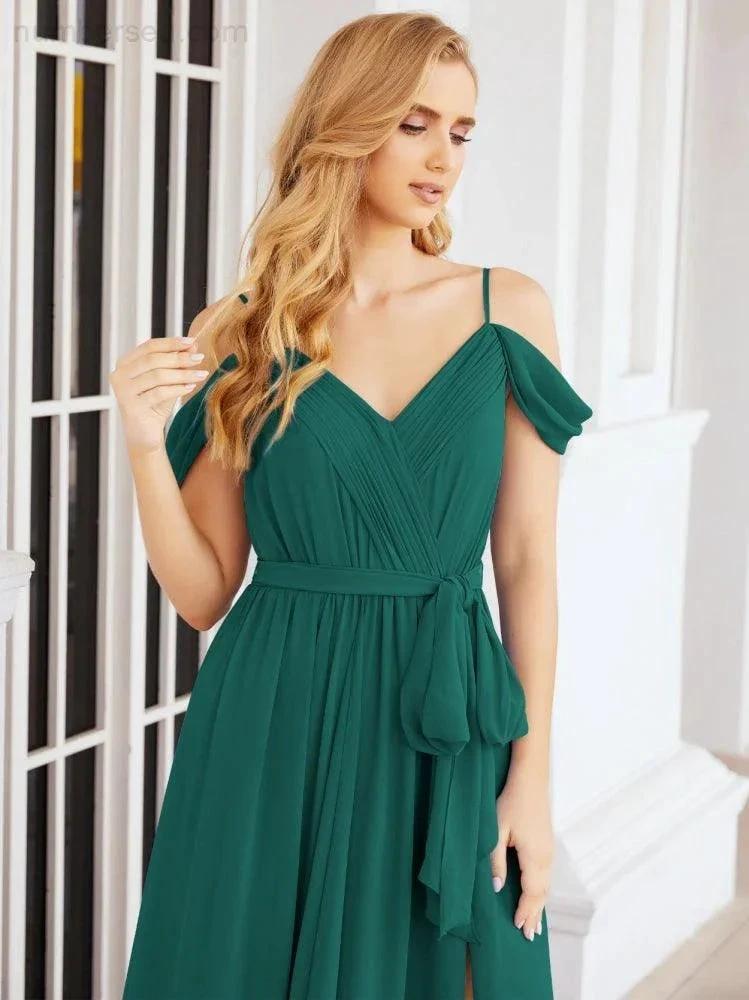 Numbersea Off The Shoulder Chiffon Bridesmaid Dress Long Formal Graduation Gown with Cowl Back 28069 by numbersea