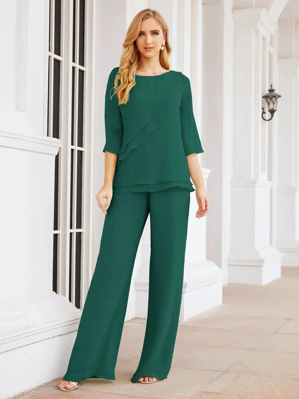 Sunnderly Elegant 2 Piece Mother of The Bride Dress Plus Size Pant Suits Ruffle Layers Sliver Housecoat SY28064 by numbersea