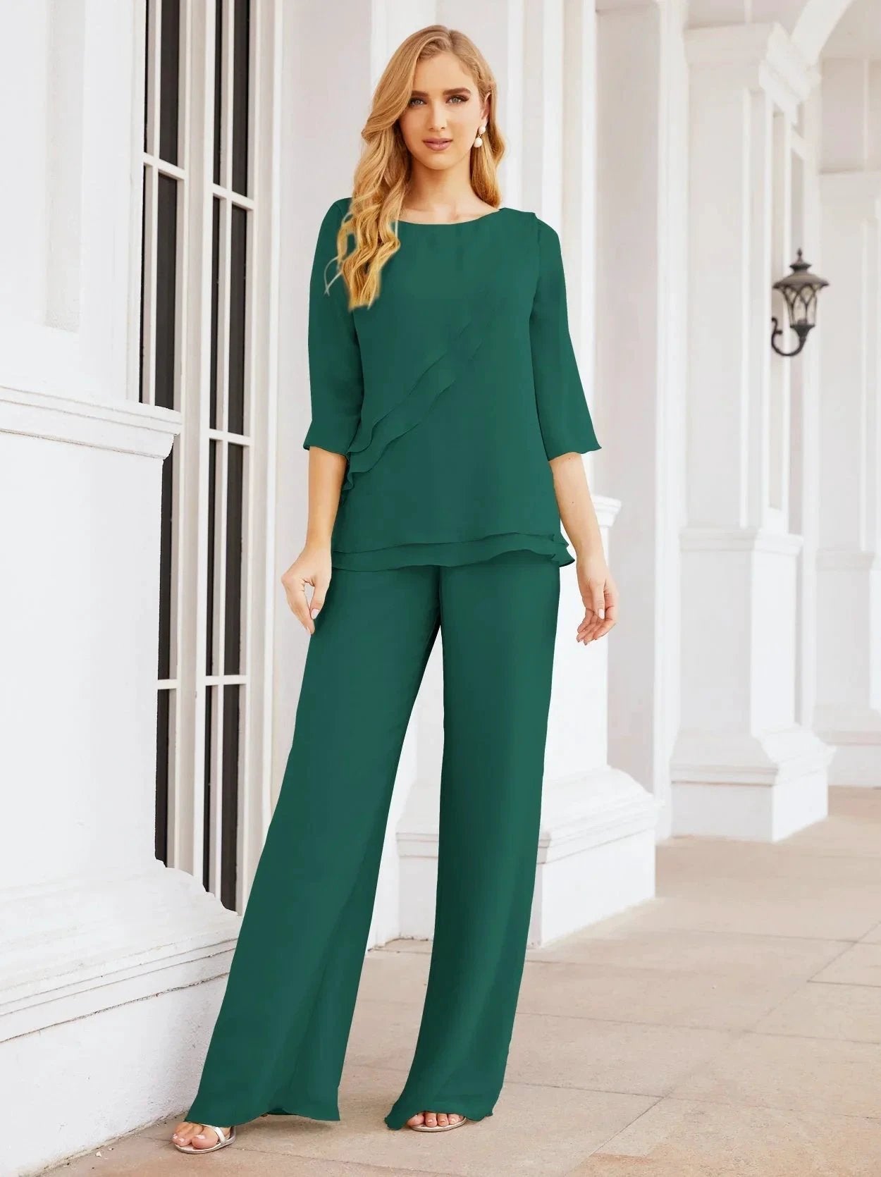 Sunnderly Elegant 2 Piece Mother of The Bride Dress Plus Size Pant Suits Ruffle Layers Sliver Housecoat SY28064 by numbersea