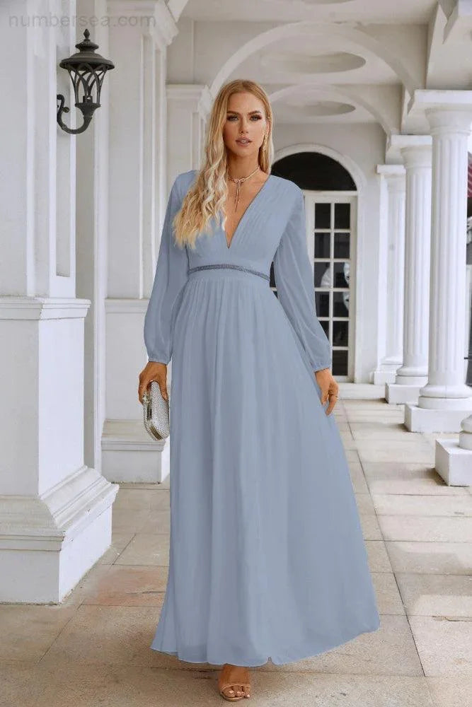 Ladies V Neck Chiffon Long Sleeve Front Slit Bridesmaid Evening Dress Wedding Party Shopping Evening Dress 28109 by numbersea