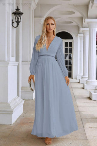 Ladies V Neck Chiffon Long Sleeve Front Slit Bridesmaid Evening Dress Wedding Party Shopping Evening Dress 28109