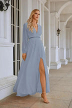 Ladies V Neck Chiffon Long Sleeve Front Slit Bridesmaid Evening Dress Wedding Party Shopping Evening Dress 28109 by numbersea