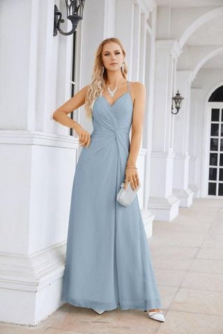 Ladies Chiffon Spaghetti Strap V Neck Front Slit Floor Length Bridesmaid Evening Dress Prom Party Wedding Evening Dress 28116