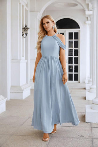 Ladies Chiffon Off Shoulder Swing Sleeve Front Slit Bridesmaid Evening Dress Wedding Party Evening Dress 28117
