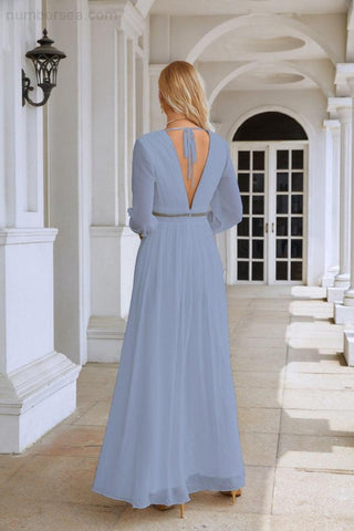 Ladies V Neck Chiffon Long Sleeve Front Slit Bridesmaid Evening Dress Wedding Party Shopping Evening Dress 28109