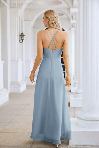 Ladies Chiffon Spaghetti Strap V Neck Front Slit Floor Length Bridesmaid Evening Dress Prom Party Wedding Evening Dress 28116