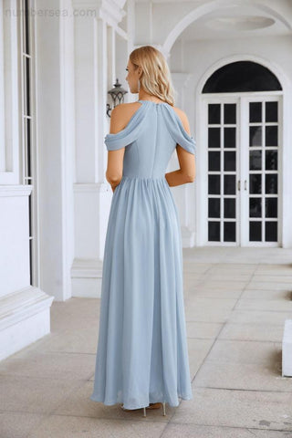 Ladies Chiffon Off Shoulder Swing Sleeve Front Slit Bridesmaid Evening Dress Wedding Party Evening Dress 28117