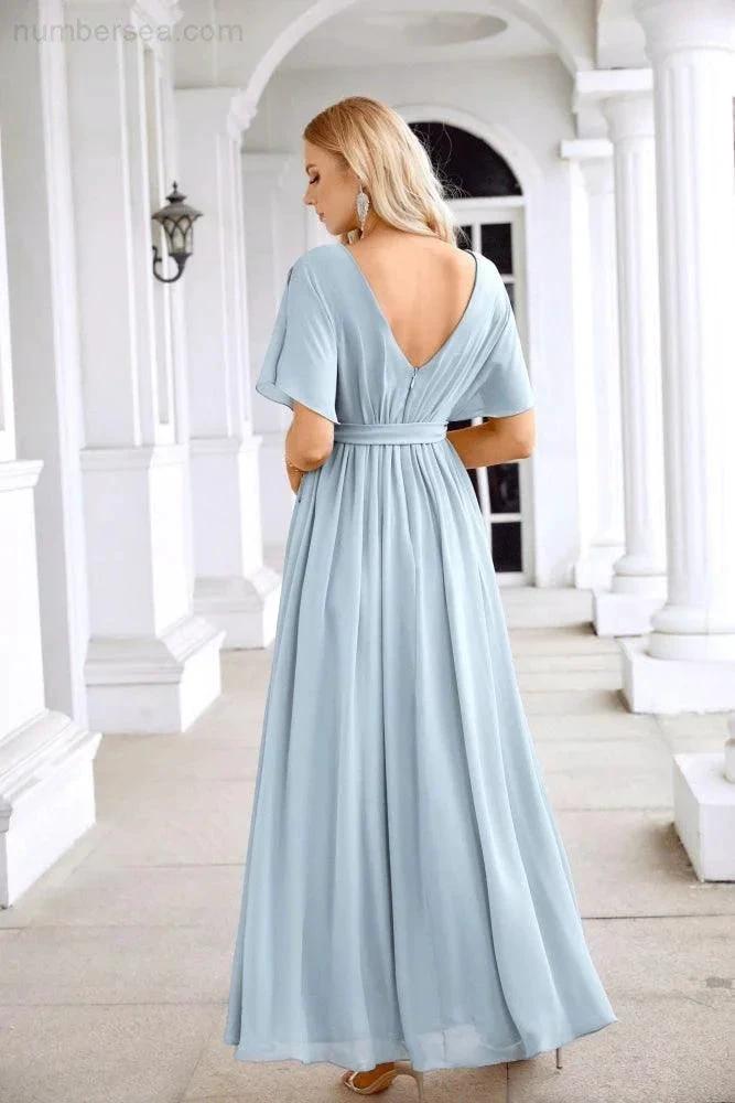 Ladies Chiffon Sleeve Crew Neck Front Slit Floor Length Bridesmaid Evening Dress Wedding Party Evening Dress 28124 by numbersea