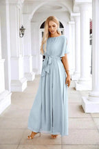 Ladies Chiffon Sleeve Crew Neck Front Slit Floor Length Bridesmaid Evening Dress Wedding Party Evening Dress 28124 by numbersea