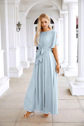 Ladies Chiffon Sleeve Crew Neck Front Slit Floor Length Bridesmaid Evening Dress Wedding Party Evening Dress 28124