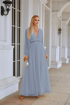 Ladies V Neck Chiffon Long Sleeve Front Slit Bridesmaid Evening Dress Wedding Party Shopping Evening Dress 28109 by numbersea