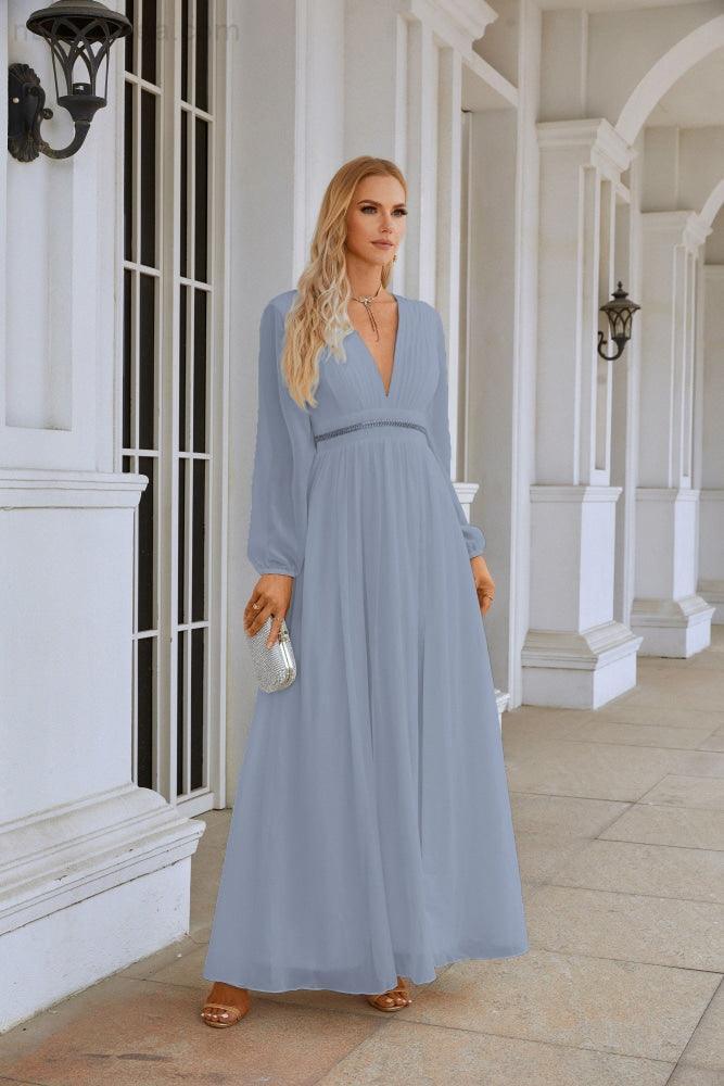 Ladies V Neck Chiffon Long Sleeve Front Slit Bridesmaid Evening Dress Wedding Party Shopping Evening Dress 28109 by numbersea