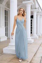 Abito da sera lungo fino a terra da damigella con spalline sottili in chiffon, scollo a V, spacco frontale, per festa di ballo, matrimonio, serata 28116