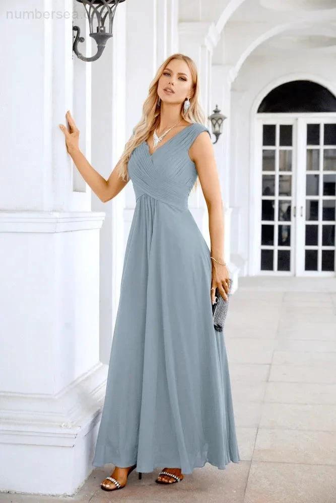 Ladies Chiffon V Neck Sleeveless Floor Length Bridesmaid Evening Dress Wedding Party Evening Dress 28126 by numbersea