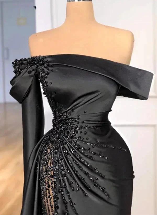Sheath Off-The-Shoulder Long Sleeves Satin/Sequined Prom Dresses by Kissprom