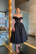 A-line Sleek and Stunning Off-the-Shoulder Black Prom Dress with Ruffle by BIZTUNNEL