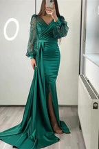Long Sleeves V-neck Satin Mermaid Prom Dresses with Split by BIZTUNNEL