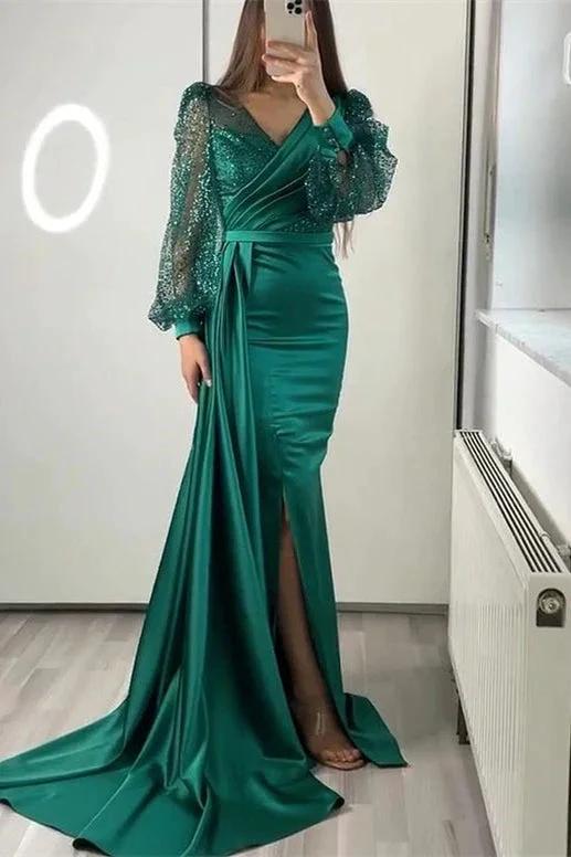 Long Sleeves V-neck Satin Mermaid Prom Dresses with Split by BIZTUNNEL