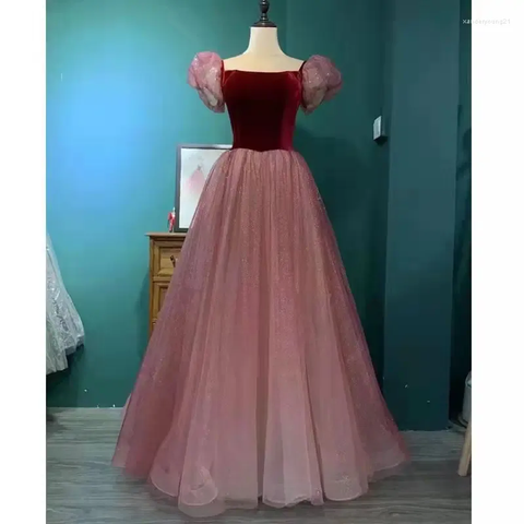 Vestido formal de tul morado de manga corta, bonito vestido de noche de corte A Y4291