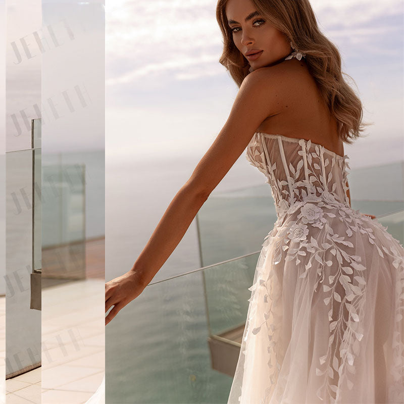 Fashion Strapless 3D Flower Lace Applique Wedding Dresses Sweep Train Custom Bridal Grown Vestido De Noival