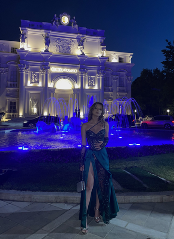 Vestido de noche largo verde único, vestido de noche verde Y4112