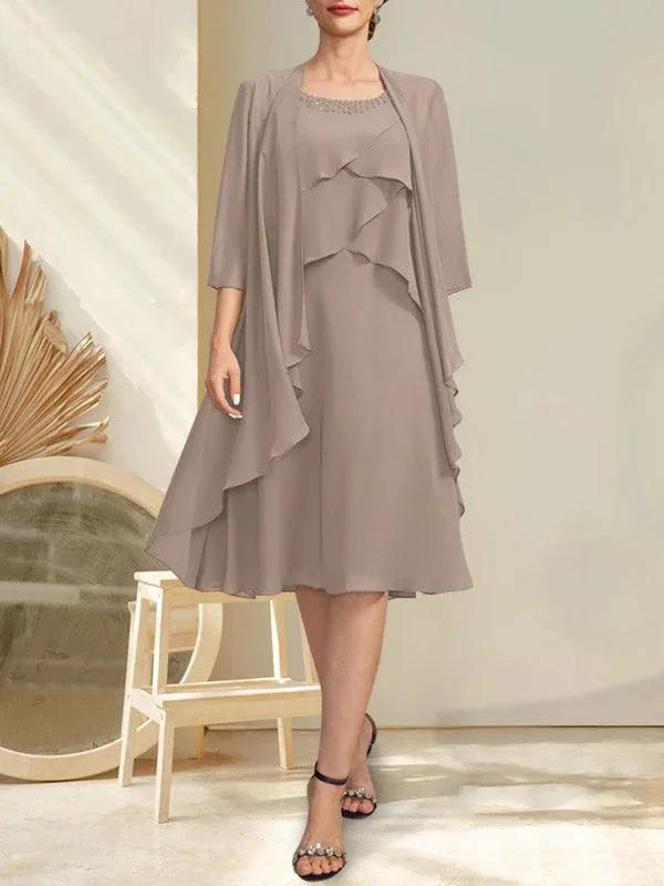 A-line Scoop Knee-Length Chiffon Mother of the Bride Dress With Beading by Dreamylily