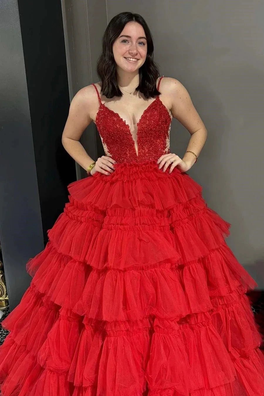 Hadlee | Black Beaded Spaghetti Strap Ruffle Tiered Ball Gown by KissProm
