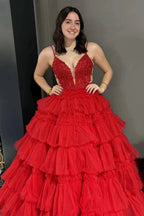 Hadlee | Black Beaded Spaghetti Strap Ruffle Tiered Ball Gown by KissProm