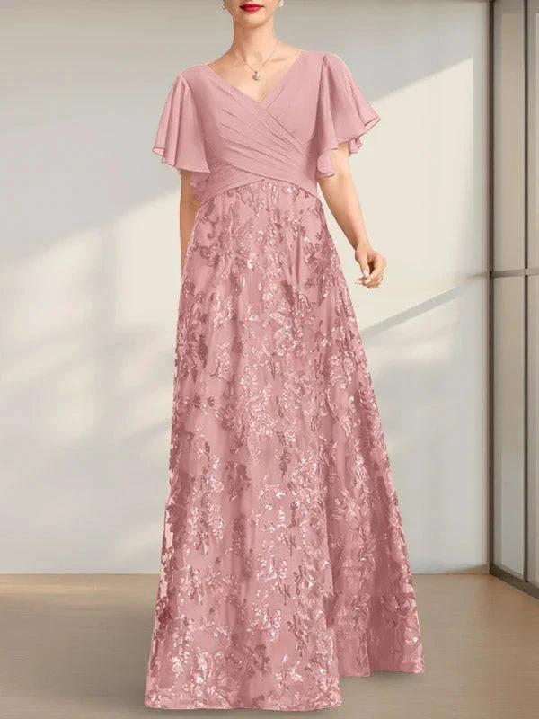 A-line V-Neck Floor-Length Lace Sequin Chiffon Mother of the Bride Dress With Pleated by Dreamylily