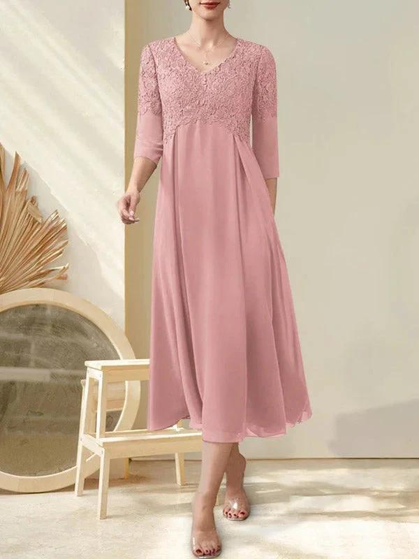 A-line V-Neck Tea-Length Chiffon Lace Mother of the Bride Dress With Beading by Dreamylily