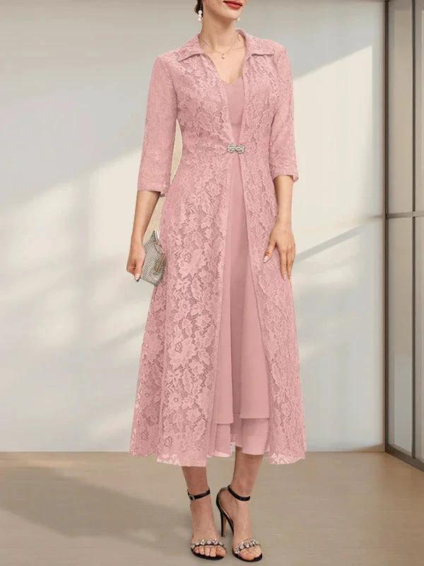A-line V-Neck Tea-Length Chiffon Mother of the Bride Dress by Dreamylily