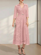A-line V-Neck Tea-Length Chiffon Mother of the Bride Dress by Dreamylily