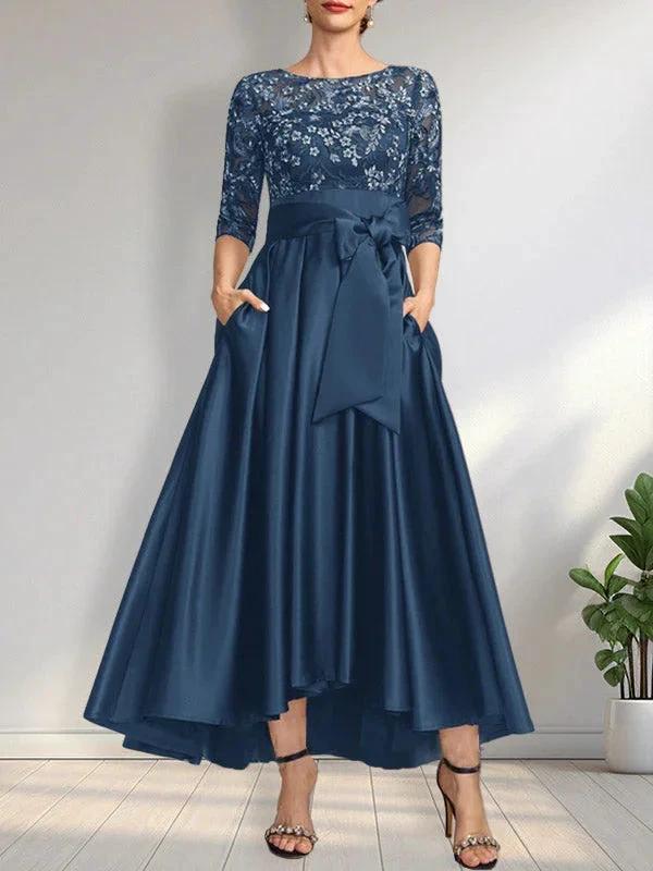 A-line Scoop Illusion Asymmetrical Satin Lace Mother of the Bride Dress With Bow by Dreamylily