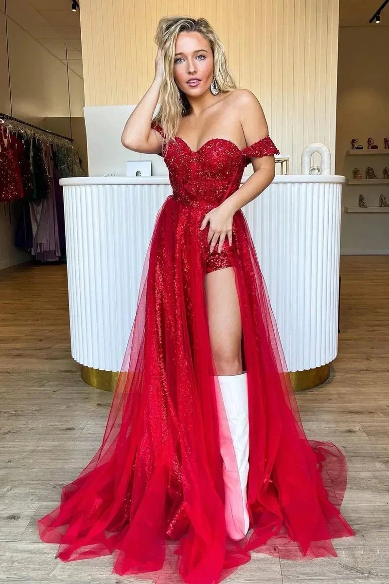 Ashlee | Sparkly Tow Piece Off the Shoulder Red Sequins Long Prom Dresses by KissProm