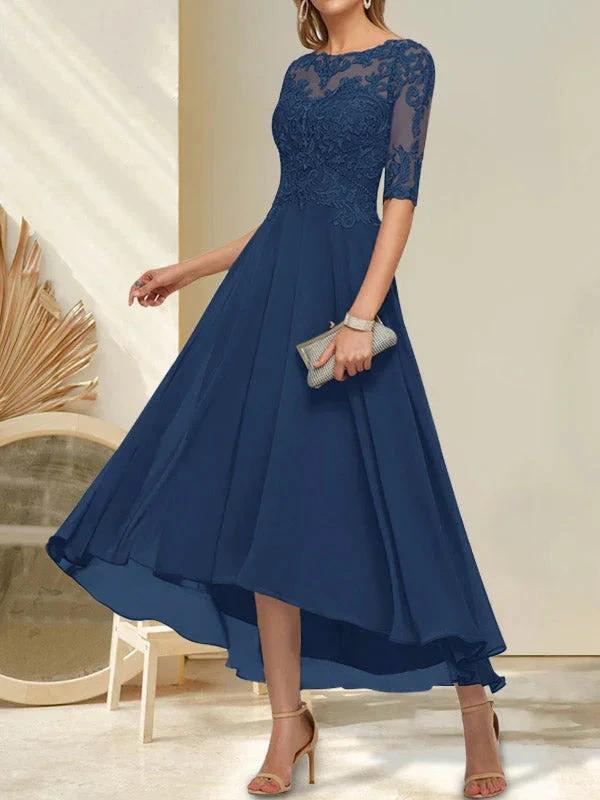 A-line Boat Neck Illusion Asymmetrical Chiffon Lace Mother of the Bride Dress With Sequins Beading by Dreamylily